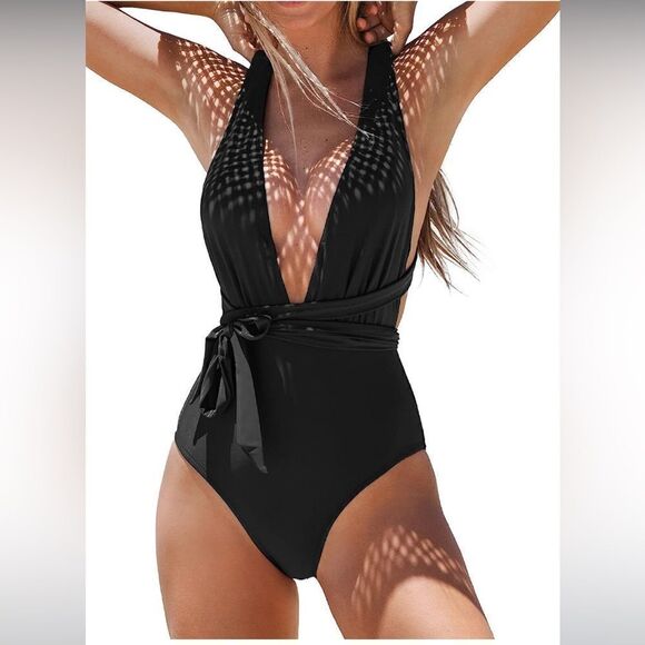 CUPSHE One Piece Swimsuit Sexy Deep V Neck Crisscross Back Self Tie Sz L NWT - Picture 3 of 10